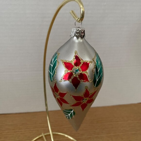 Vintage Icicle Teardrop Glass Christmas Ornaments Set of 3 Red Poinsettia Holly - Picture 3 of 8